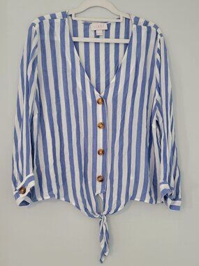VIXBE Blue & White Striped Button & Tie Blouse